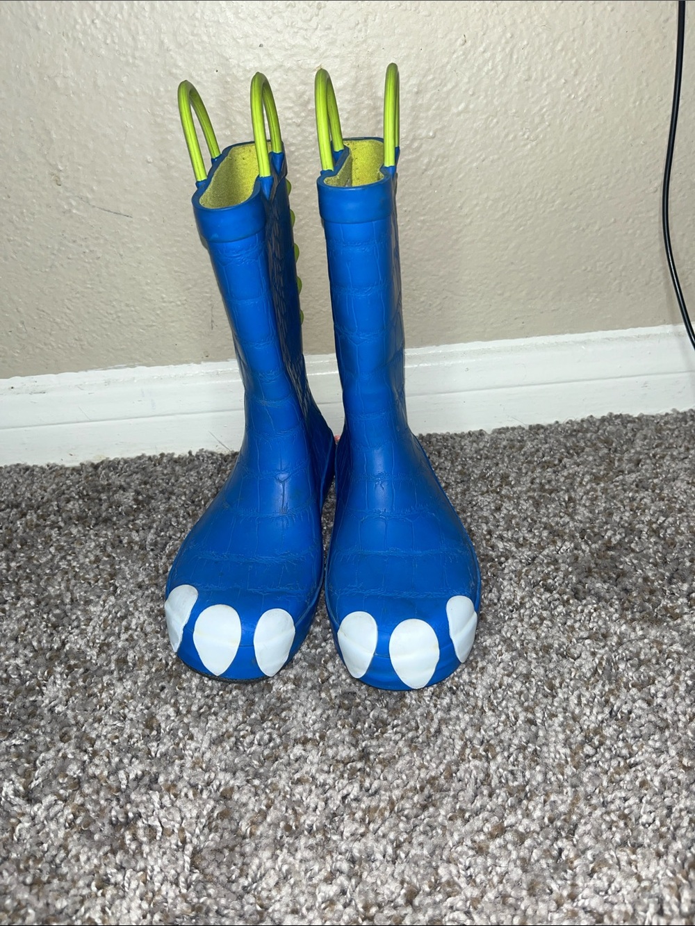 Cat & Jack Blue Boy Monster Rain Boots with White Claw Toes and Lime Handles
